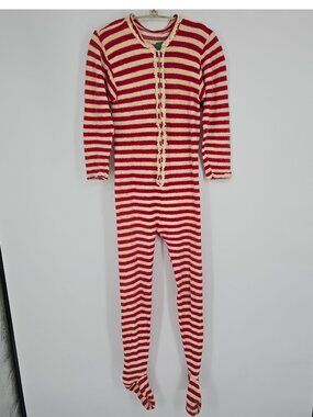 Vintage 1970s Gaymode JCPenney Women's Red Striped One-Piece Footed Pajamas (S)
